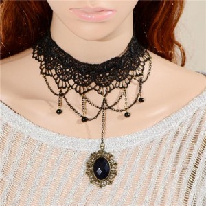 Vintage Gem Pendant Chain Tassel Pineapple Lace Choker Necklace