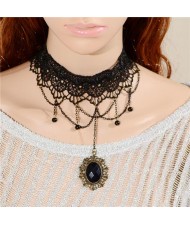 Vintage Gem Pendant Chain Tassel Pineapple Lace Choker Necklace