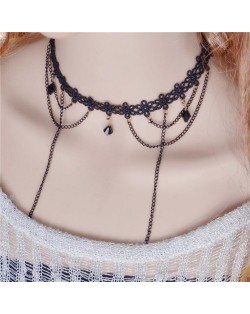 Rhombus Beads Decorated High Fashion Chain Tassel Mini Flower Lace Choker Necklace