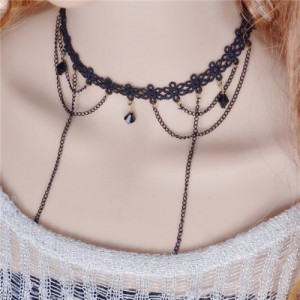 Rhombus Beads Decorated High Fashion Chain Tassel Mini Flower Lace Choker Necklace