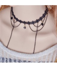 Rhombus Beads Decorated High Fashion Chain Tassel Mini Flower Lace Choker Necklace