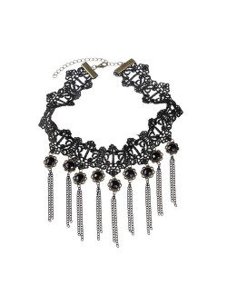 Black Balls Decorated Multiple Chain Tassel Design Hollow Floral Pattern Lace Choker Necklace