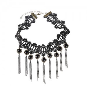 Black Balls Decorated Multiple Chain Tassel Design Hollow Floral Pattern Lace Choker Necklace