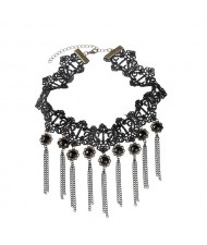 Black Balls Decorated Multiple Chain Tassel Design Hollow Floral Pattern Lace Choker Necklace