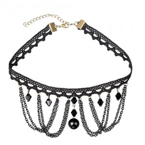 Flower and Triangle Combo Pendant Tassel Chain Lace Choker Necklace
