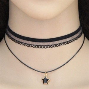 Lucky Star Pendant Dual Layers Lace Choker Necklace