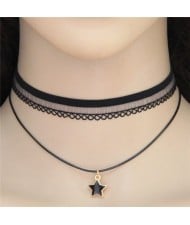 Lucky Star Pendant Dual Layers Lace Choker Necklace