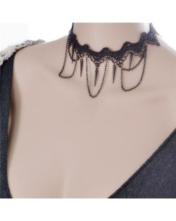 Rivets and Tassel Chain Design Black Lace Choker Necklace
