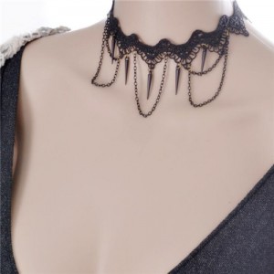 Rivets and Tassel Chain Design Black Lace Choker Necklace