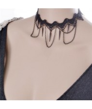 Rivets and Tassel Chain Design Black Lace Choker Necklace