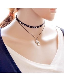 Studs Decorated Crucifix Fashion Dual Layers Choker Necklace
