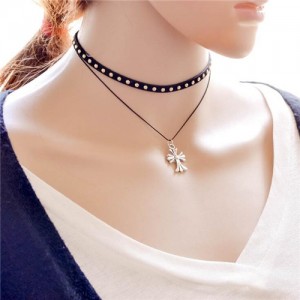 Studs Decorated Crucifix Fashion Dual Layers Choker Necklace