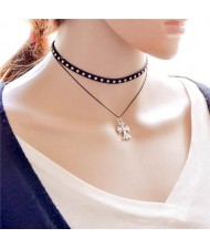 Studs Decorated Crucifix Fashion Dual Layers Choker Necklace