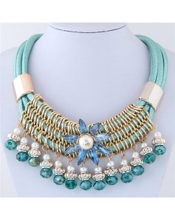 Glass Flower Embellished Alloy Wire Attached Pearl and Beads Tassel Triple Layers Statement Necklace - Teal