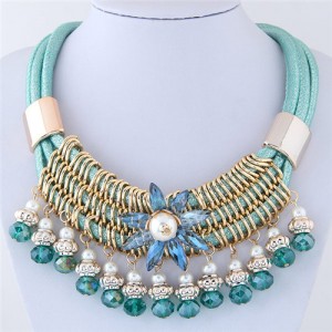 Glass Flower Embellished Alloy Wire Attached Pearl and Beads Tassel Triple Layers Statement Necklace - Teal
