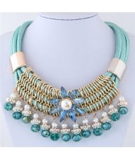 Glass Flower Embellished Alloy Wire Attached Pearl and Beads Tassel Triple Layers Statement Necklace - Teal