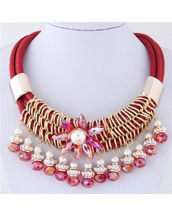 Glass Flower Embellished Alloy Wire Attached Pearl and Beads Tassel Triple Layers Statement Necklace - Red