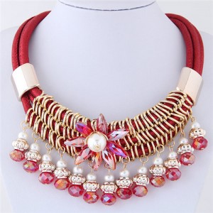 Glass Flower Embellished Alloy Wire Attached Pearl and Beads Tassel Triple Layers Statement Necklace - Red