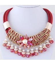 Glass Flower Embellished Alloy Wire Attached Pearl and Beads Tassel Triple Layers Statement Necklace - Red