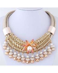 Glass Flower Embellished Alloy Wire Attached Pearl and Beads Tassel Triple Layers Statement Necklace - Champagne