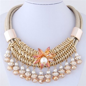 Glass Flower Embellished Alloy Wire Attached Pearl and Beads Tassel Triple Layers Statement Necklace - Champagne