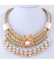 Glass Flower Embellished Alloy Wire Attached Pearl and Beads Tassel Triple Layers Statement Necklace - Champagne