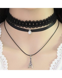 Gem and Alloy Tower Pendant Triple Layers Fashion Lace Choker Necklace