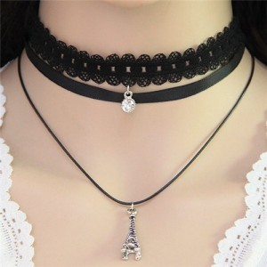 Gem and Alloy Tower Pendant Triple Layers Fashion Lace Choker Necklace