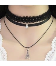 Gem and Alloy Tower Pendant Triple Layers Fashion Lace Choker Necklace