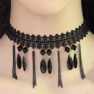 Beads and Tassel Decorations Dual Lines Flower Fashion Lace Choker Necklace 