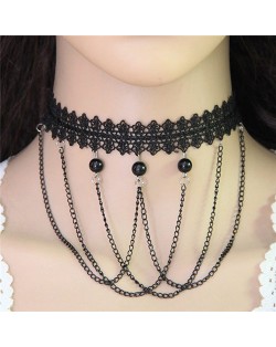 Beads and Tassel Combo Street Fashion Black Lace Choker Necklace