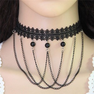 Beads and Tassel Combo Street Fashion Black Lace Choker Necklace