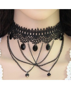 Linked Chain with Beads Tassel High Fashion Lace Choker Necklace