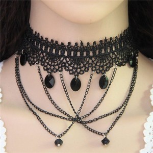 Linked Chain with Beads Tassel High Fashion Lace Choker Necklace