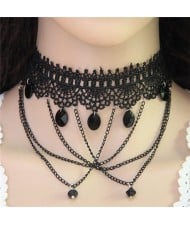 Linked Chain with Beads Tassel High Fashion Lace Choker Necklace