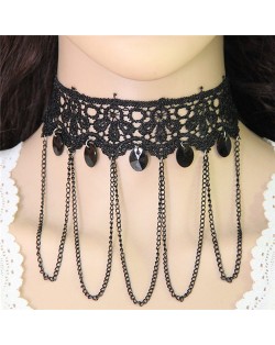 High Fashion Gem and Tassel Design Floral Lace Necklace