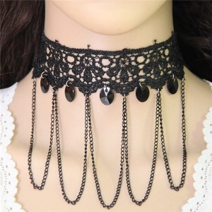 High Fashion Gem and Tassel Design Floral Lace Necklace