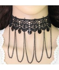 High Fashion Gem and Tassel Design Floral Lace Necklace