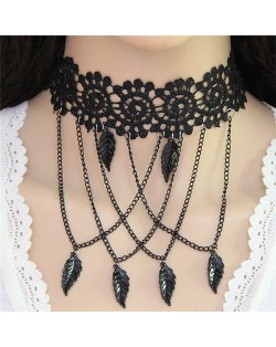 Leaves and Chain Tassel Combo Hollow-out Flower Fashion Lace Necklace