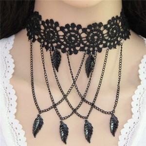 Leaves and Chain Tassel Combo Hollow-out Flower Fashion Lace Necklace