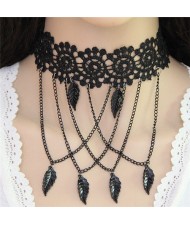 Leaves and Chain Tassel Combo Hollow-out Flower Fashion Lace Necklace