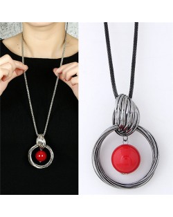 Red Ball Centered Hoop Pendant Long Chain Chunky Fashion Costume Necklace