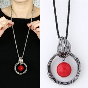 Red Ball Centered Hoop Pendant Long Chain Chunky Fashion Costume Necklace