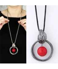 Red Ball Centered Hoop Pendant Long Chain Chunky Fashion Costume Necklace