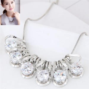 Elegant Queen Fashion Cubic Zirconia Inlaid Dimensional Design Statement Necklace - Silver