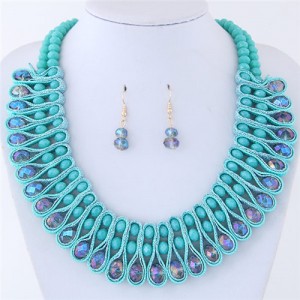 Crystal and Beads Silk Ribbon Weaving Pattern Elegant Fashion Costume Necklace and Earrings Set - Teal Blue