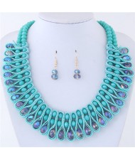 Crystal and Beads Silk Ribbon Weaving Pattern Elegant Fashion Costume Necklace and Earrings Set - Teal Blue