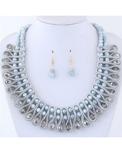 Crystal and Beads Silk Ribbon Weaving Pattern Elegant Fashion Costume Necklace and Earrings Set - Gray