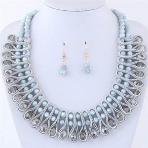 Crystal and Beads Silk Ribbon Weaving Pattern Elegant Fashion Costume Necklace and Earrings Set - Gray