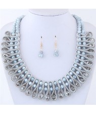 Crystal and Beads Silk Ribbon Weaving Pattern Elegant Fashion Costume Necklace and Earrings Set - Gray